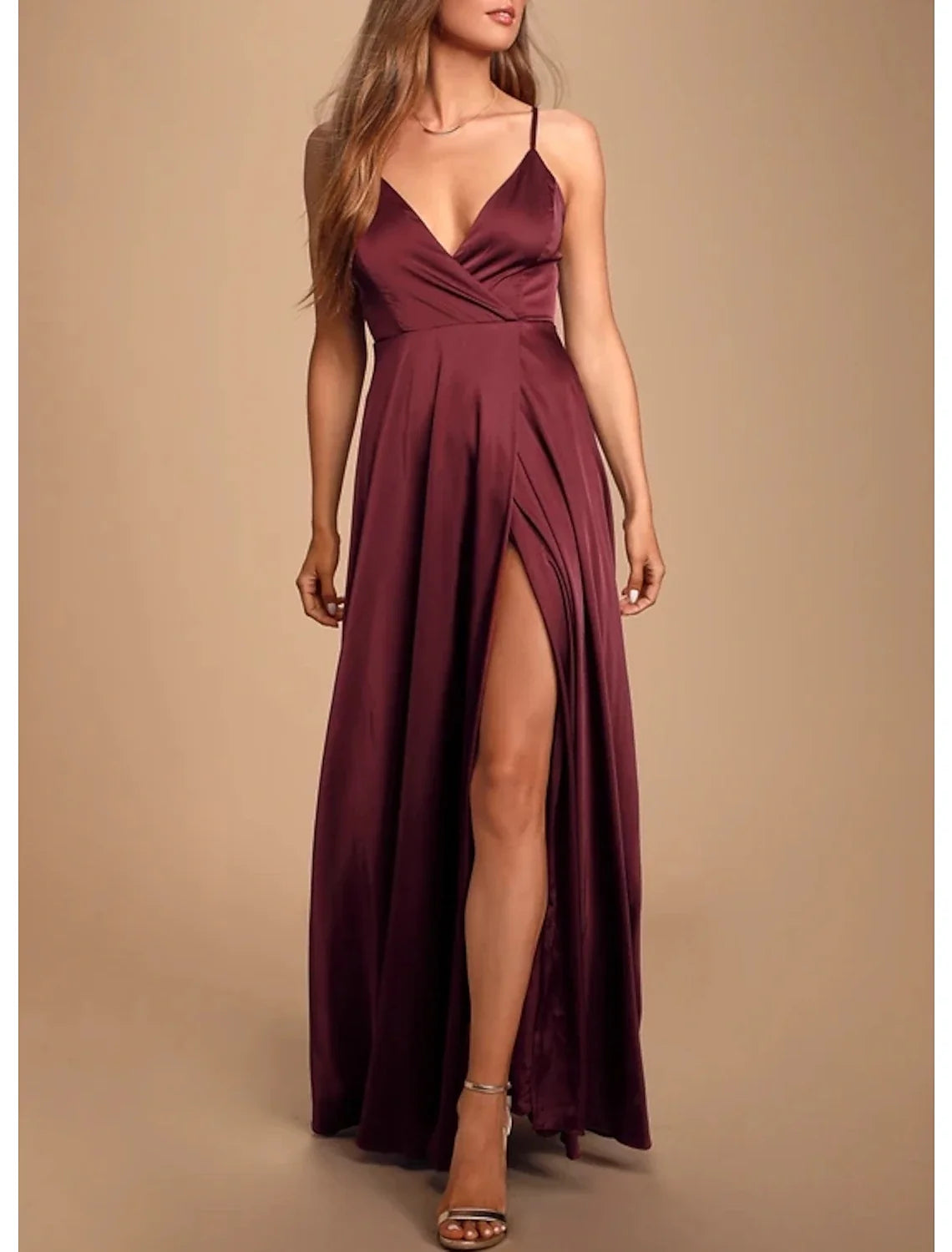 A-Line Spaghetti Strap Satin Sleeveless High Slit Floor-Length Prom Dress - Chloe Dress