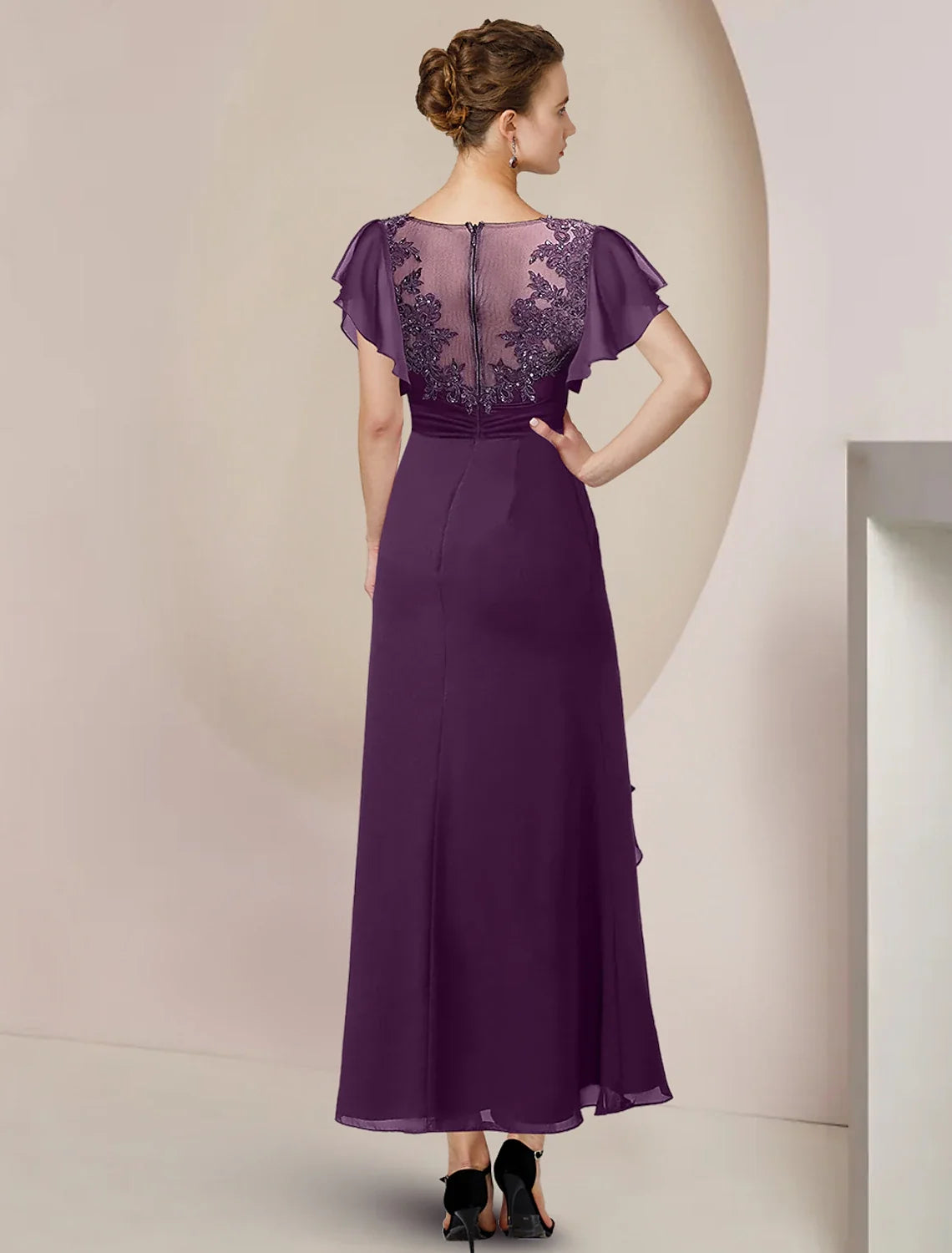 A-Line Chiffon Three-Quarter Sleeve Applique Tea-Length Wedding Dress - Chloe Dress