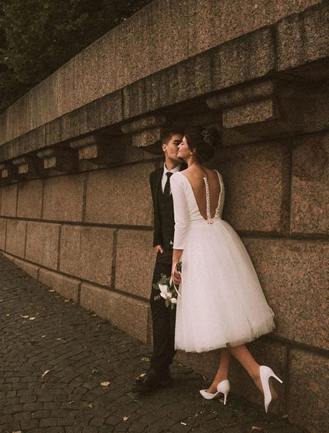 White A-Line V-Neck Satin Long Sleeve Tea-Length Wedding Gown - Chloe Dress