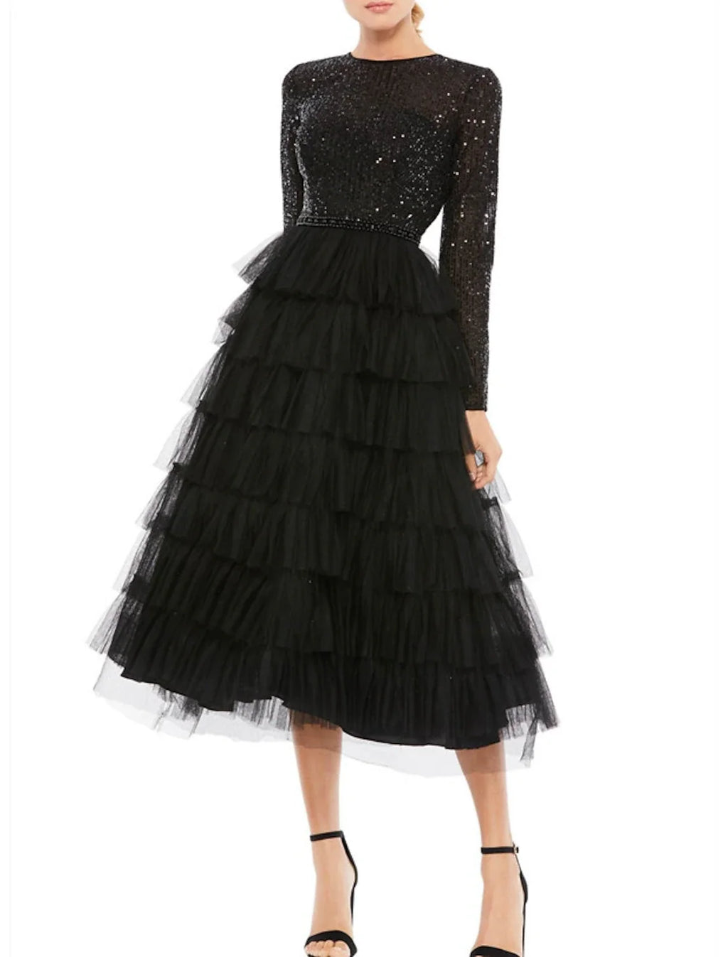 Black A-Line Tulle Long Sleeve Tiered Tea-Length Wedding Dress - Chloe Dress