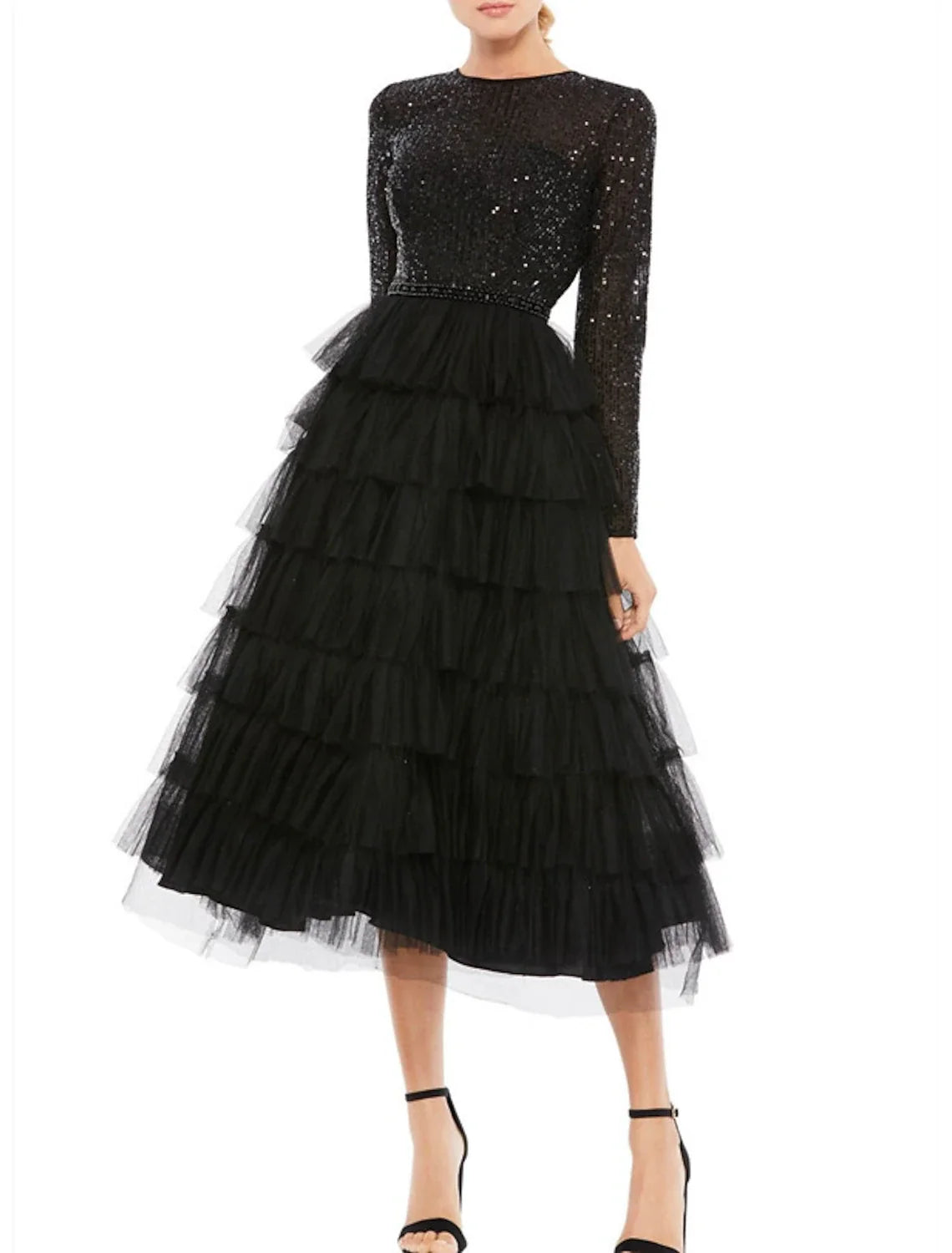 Black A-Line Tulle Long Sleeve Tiered Tea-Length Wedding Dress - Chloe Dress
