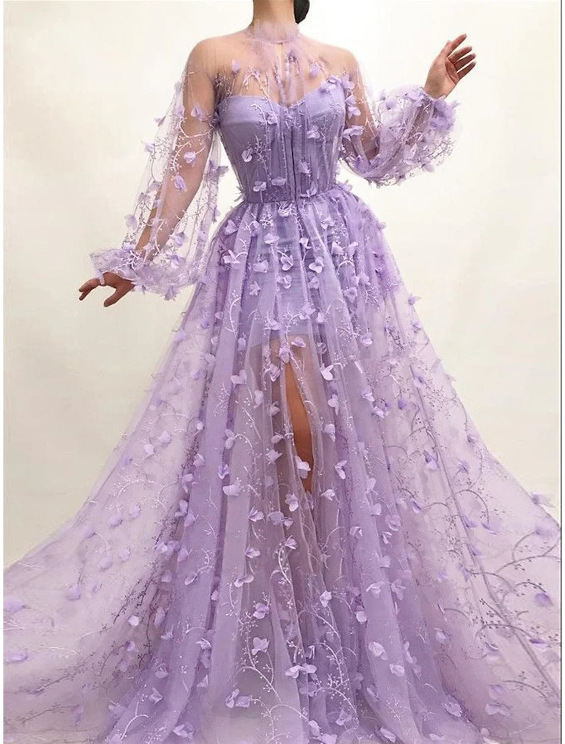A-Line V-Neck Tulle Long Sleeve Applique Floor-Length Prom Dress - Chloe Dress
