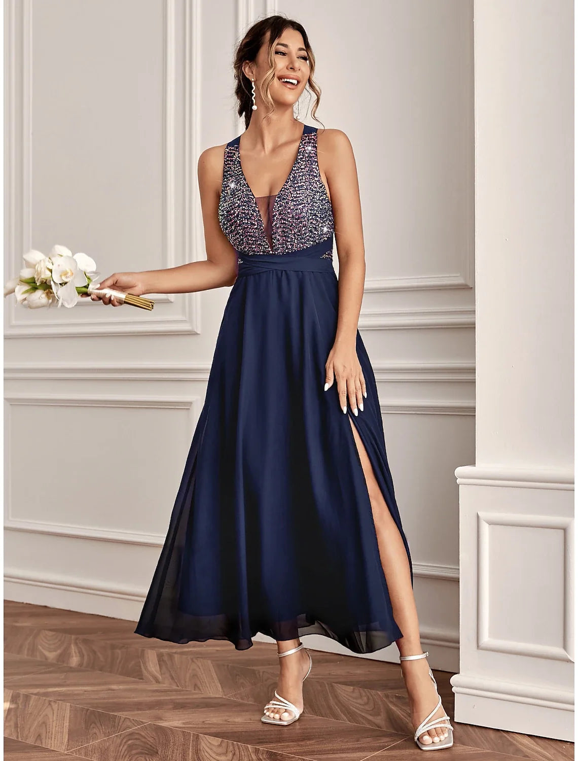 A-Line V-Neck Sequin Sleeveless High Slit Ankle-Length Wedding Dress - Chloe Dress