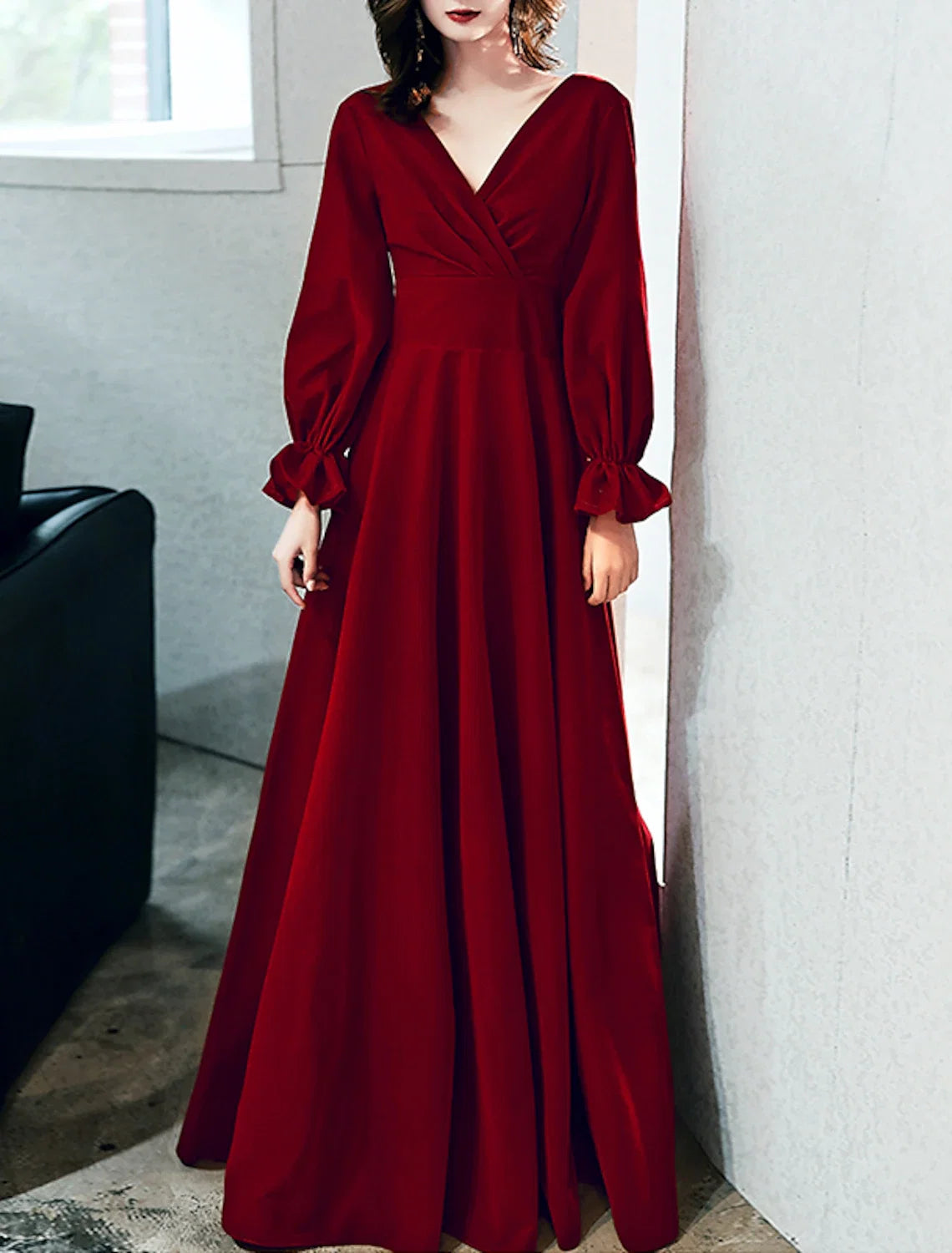 A-Line V-Neck Velvet Long Sleeve Ruffled Floor-Length Evening Dress - Chloe Dress