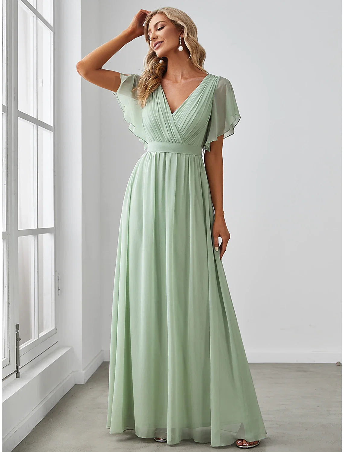 A-Line V-Neck Chiffon Short Sleeve Ruffled Mini Wedding Dress - Chloe Dress