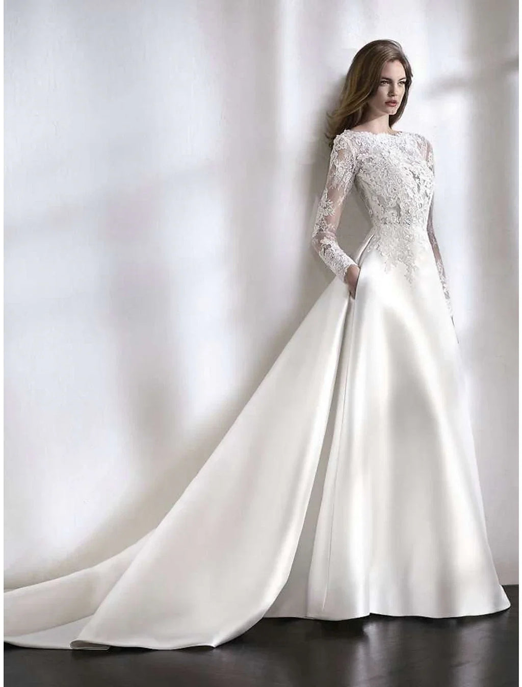 A-Line Illusion Satin Long Sleeve Pleated Wedding Gown - Chloe Dress