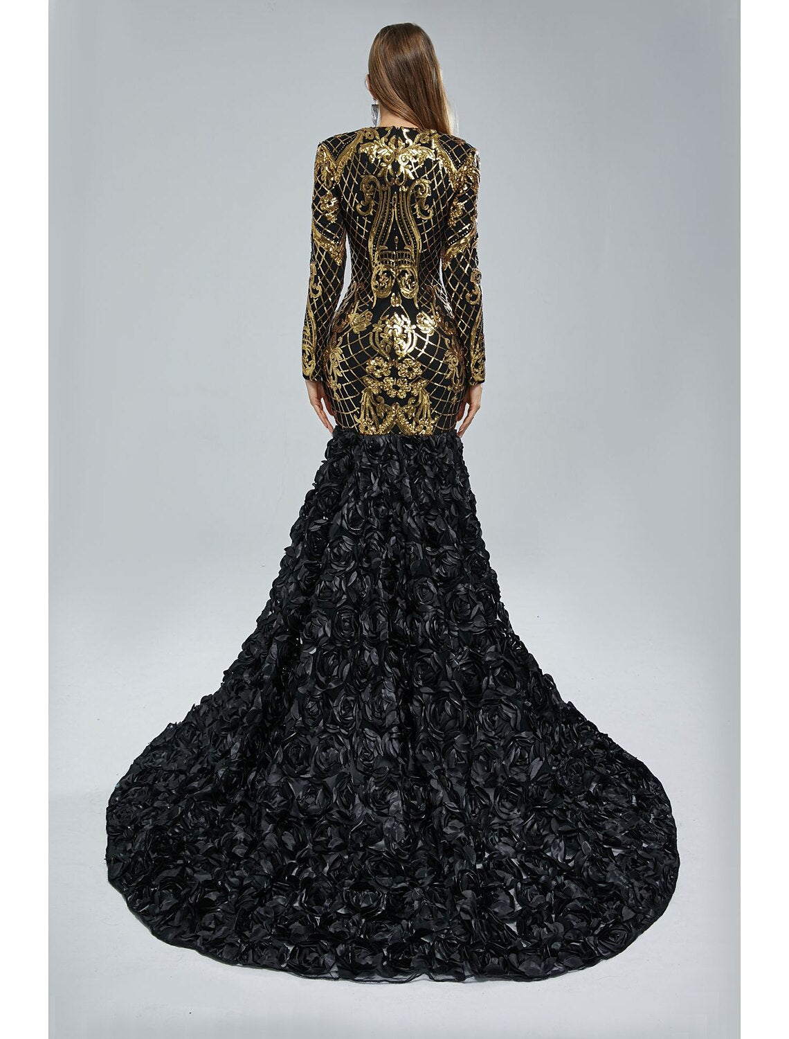 Mermaid V-Neck Sequin Long Sleeve Train Evening Gown - Chloe Dress
