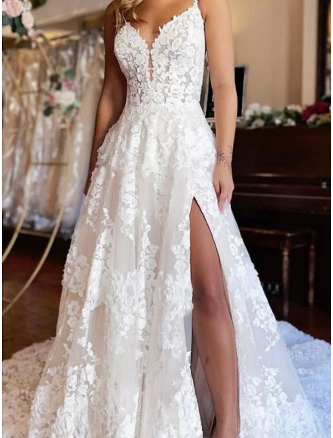 A-Line Lace Sleeveless Pleated Wedding Gown - Chloe Dress