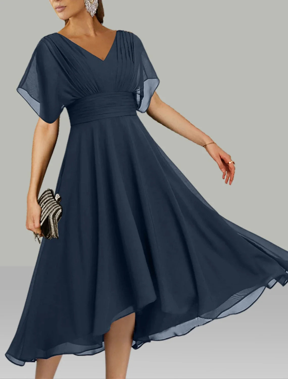 JiMiss Tea-Length Chiffon Wedding Guest Dress with V-Neck