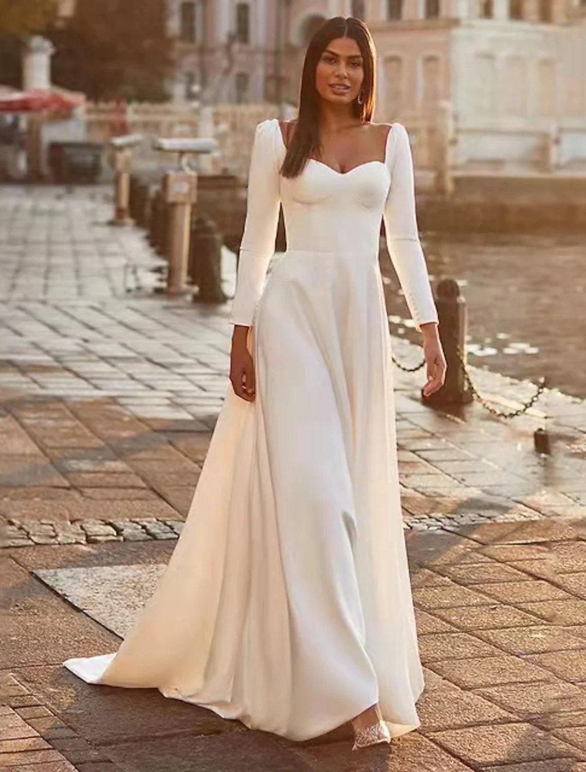 A-Line Sweetheart Satin Long Sleeve Train Wedding Gown - Chloe Dress