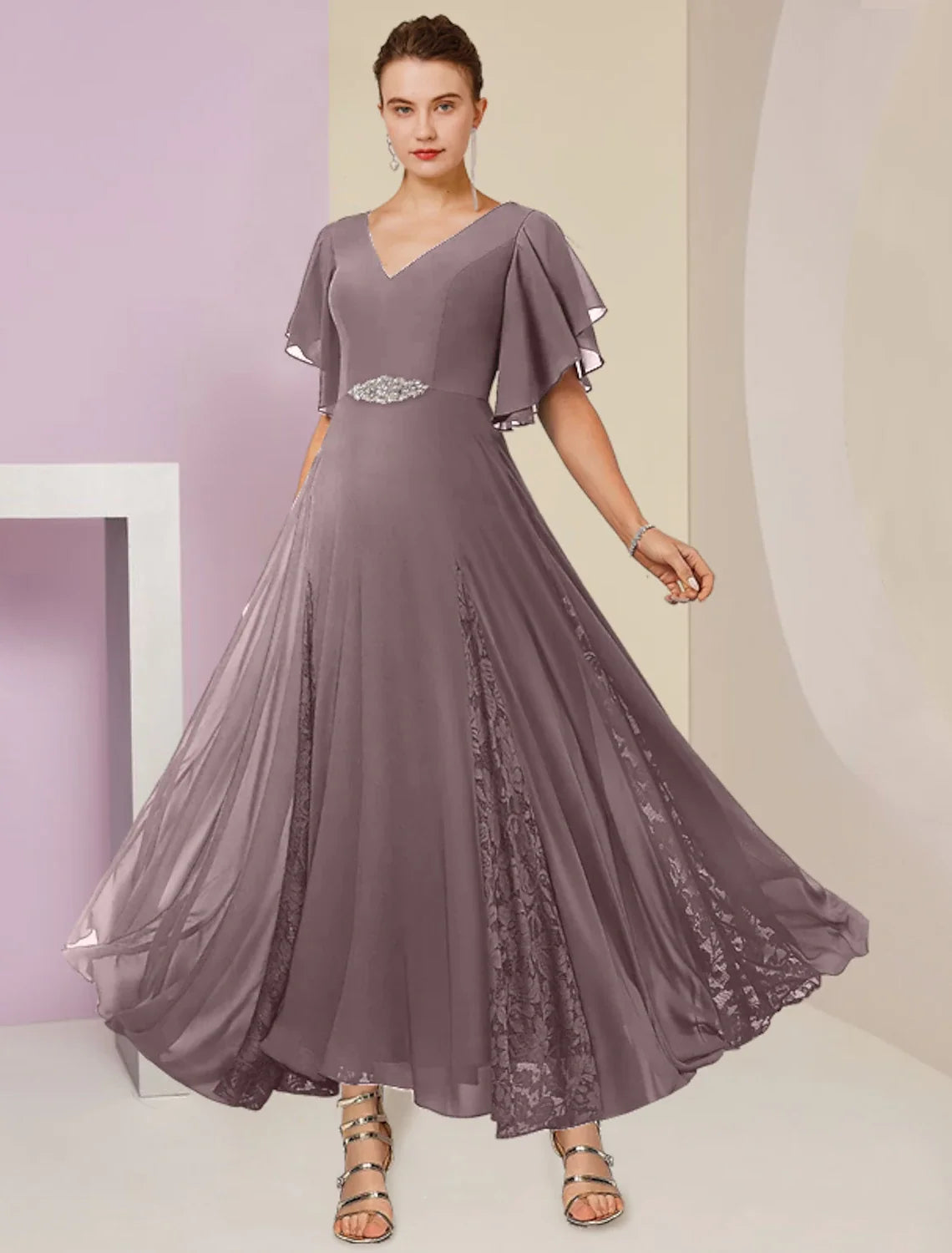 A-Line V-Neck Chiffon Short Sleeve Pleated Mini Wedding Dress - Chloe Dress