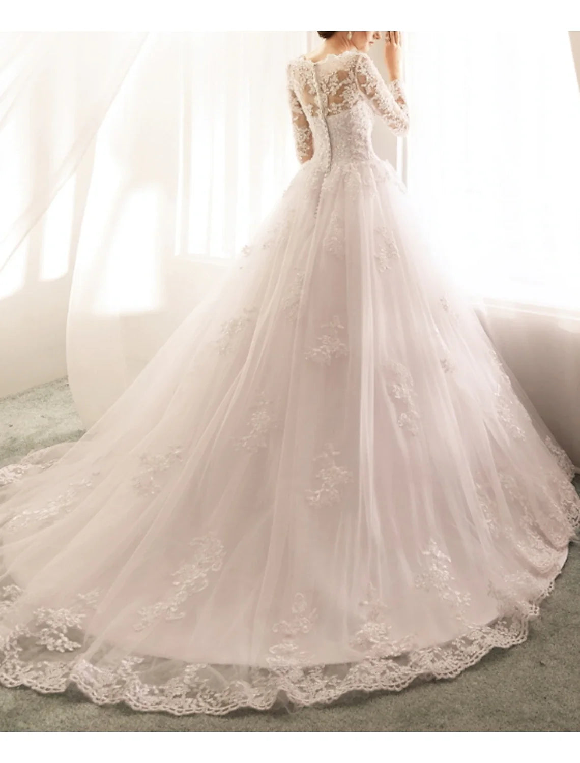 Ball Gown Illusion Lace Long Sleeve Train Wedding Gown - Chloe Dress