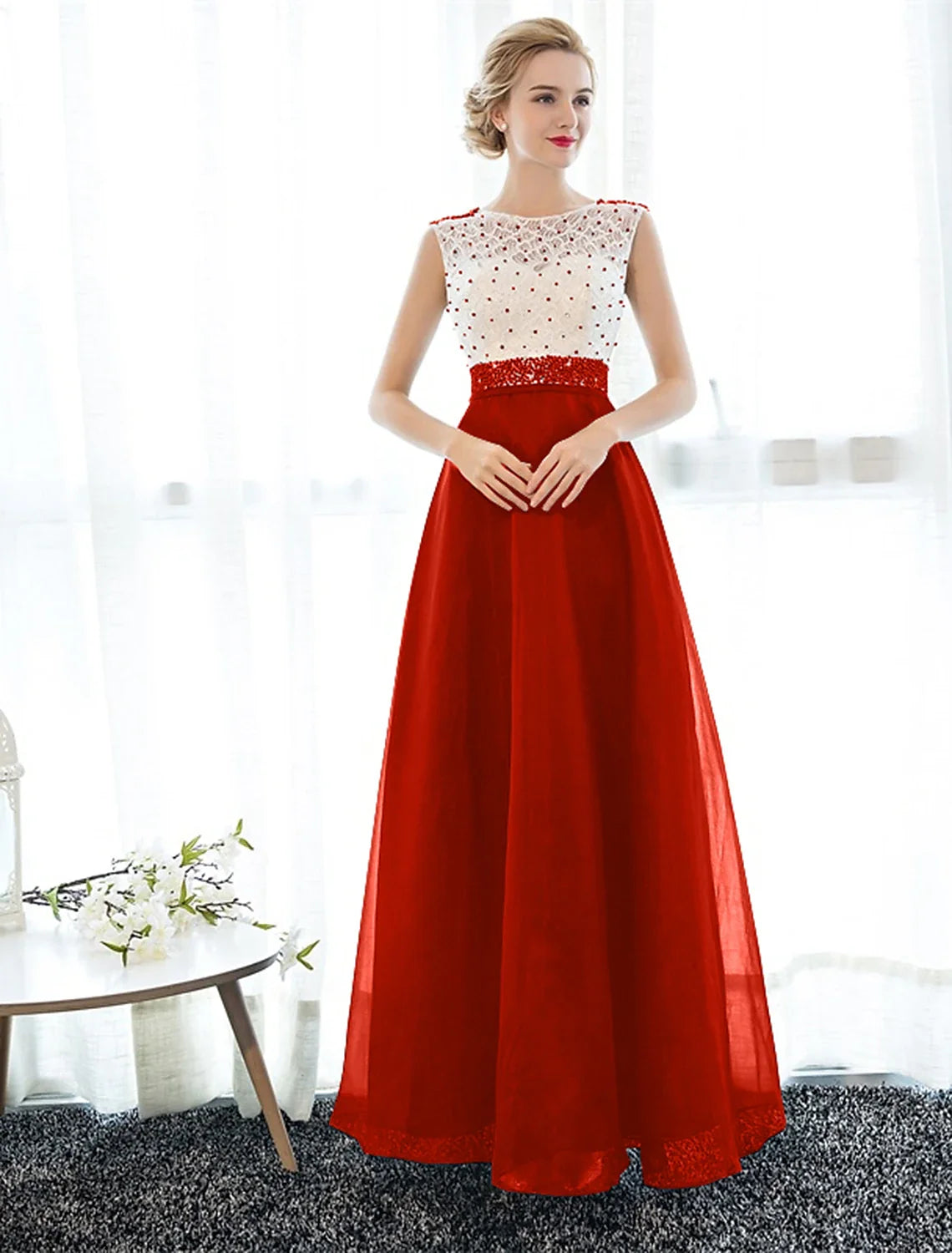 A-Line Illusion Tulle Sleeveless Beaded Floor-Length Evening Dress - Chloe Dress