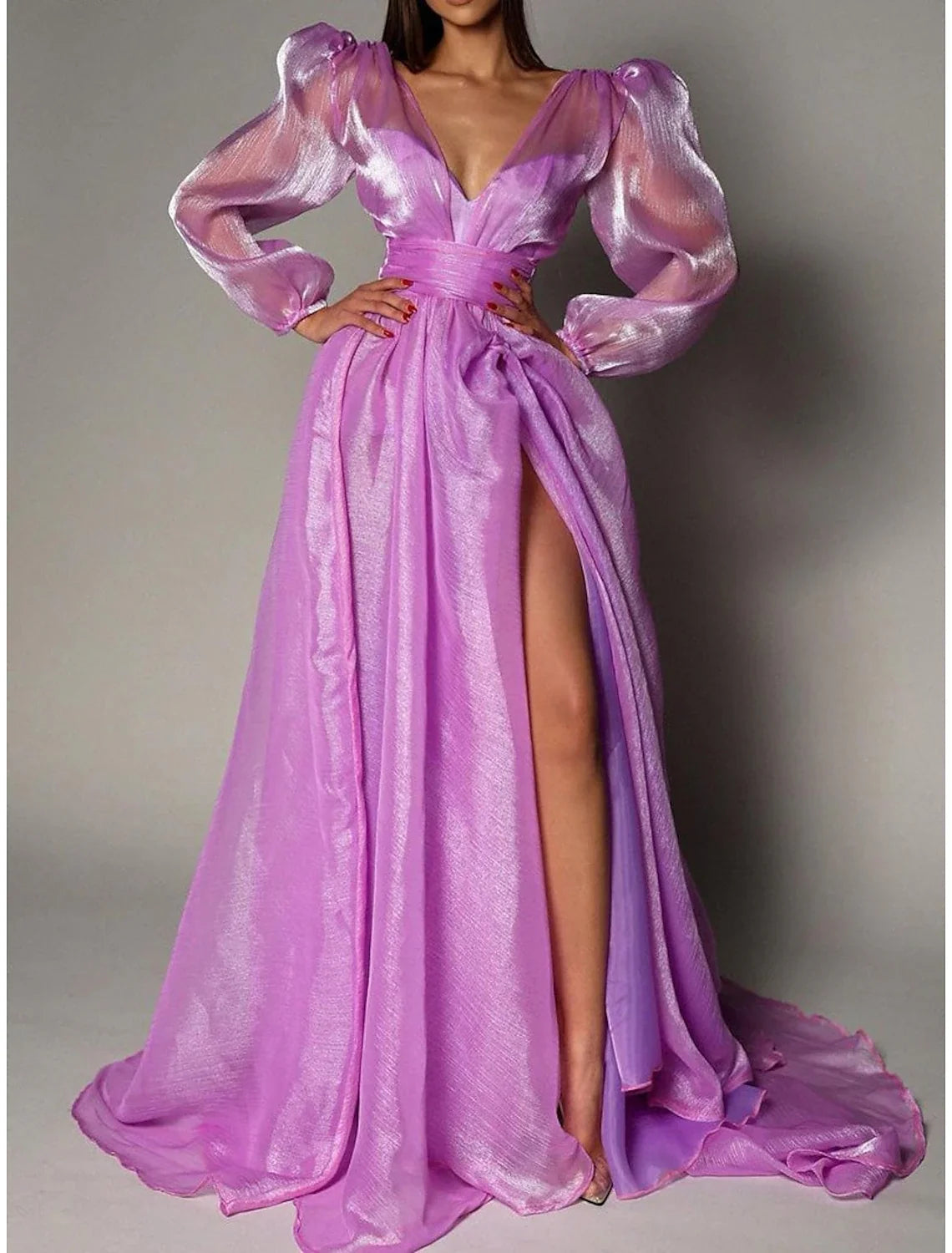 A-Line V-Neck Organza Long Sleeve High Slit Evening Gown - Chloe Dress