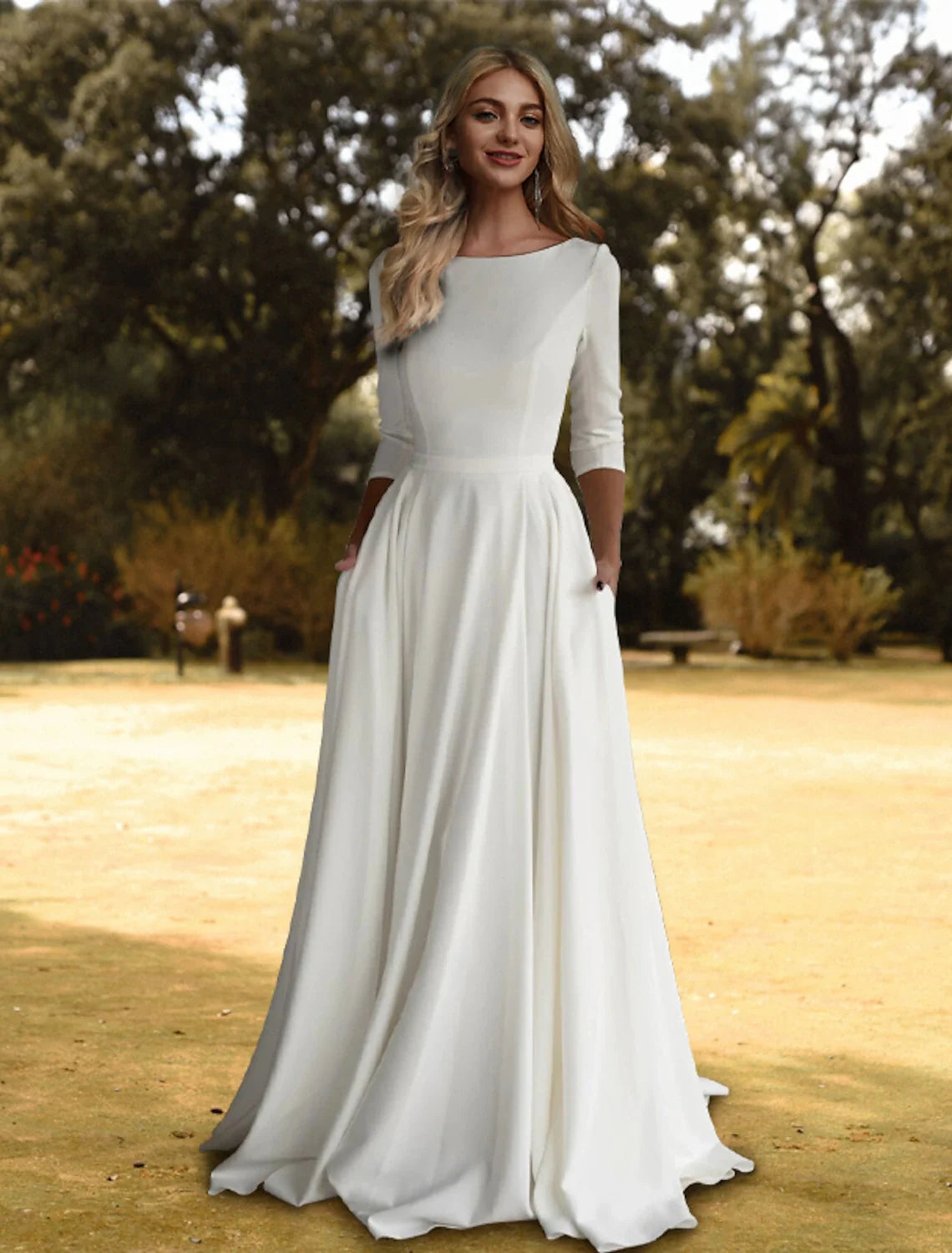 A-Line Three-Quarter Sleeve Pleated Wedding Gown - Chloe Dress