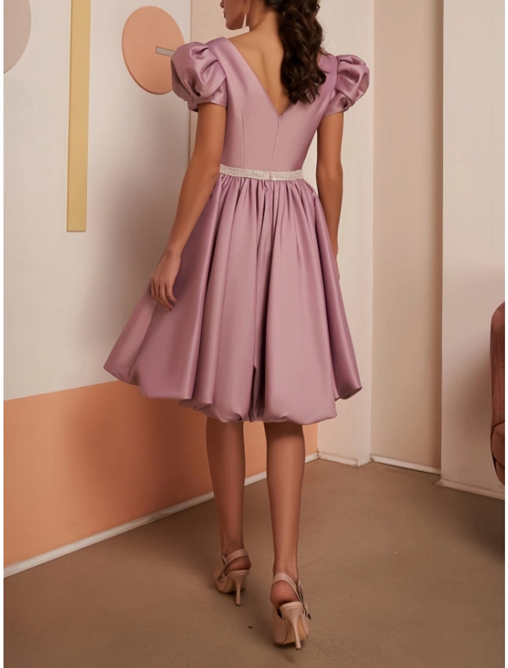 A-Line V-Neck Satin Short Sleeve Pleated Mini Wedding Dress - Chloe Dress