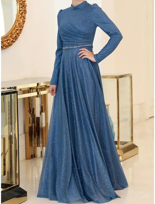A-Line High Neck Long Sleeve Pleated Floor-Length Evening Gown - Chloe Dress