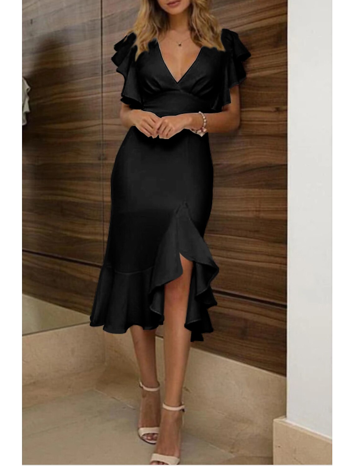 Mermaid V-Neck Polyester Short Sleeve Ruffled Mini Wedding Dress - Chloe Dress
