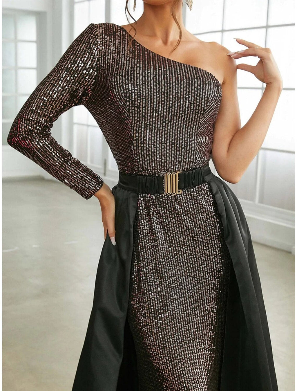 A-Line One-Shoulder Sequin Long Sleeve Pleated Evening Gown - Chloe Dress