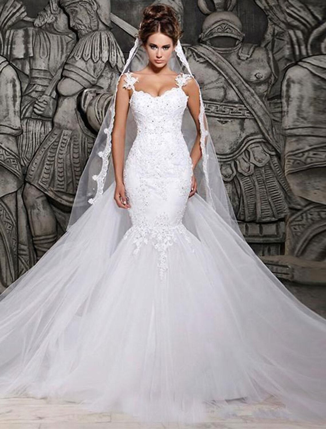 Mermaid Sweetheart Lace Cap Sleeve Open Back Train Wedding Gown - Chloe Dress