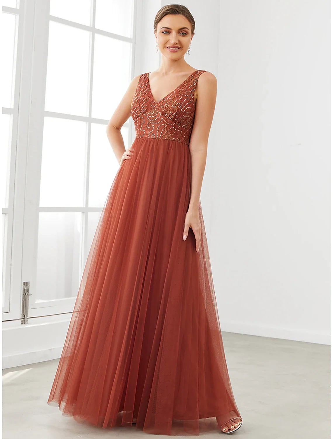 A-Line V-Neck Tulle Sleeveless Floor-Length Prom Dress - Chloe Dress