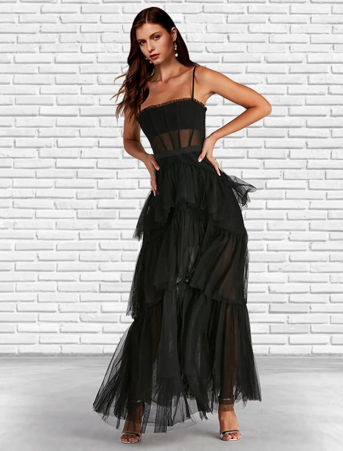 A-Line Strapless Tulle Sleeveless Lace-Up Back Ruffled Ankle-Length Prom Dress - Chloe Dress