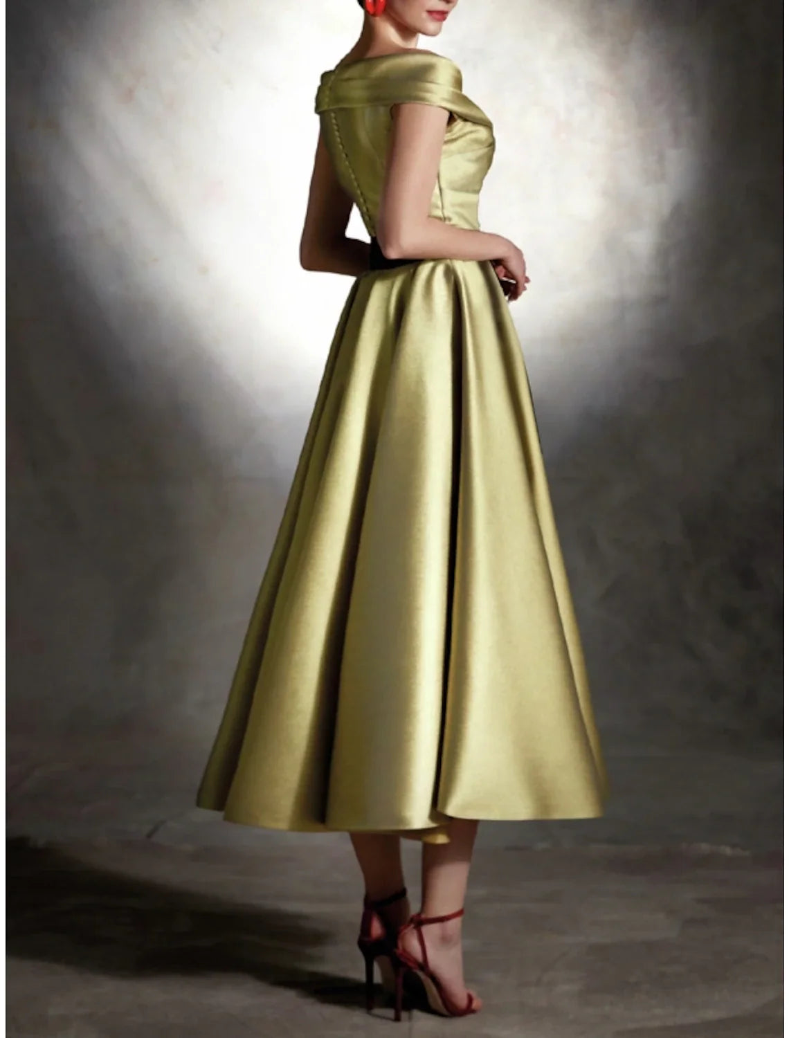 A-Line Off-Shoulder Satin Sleeveless Pleated Tea-Length Cocktail Dress - Chloe Dress