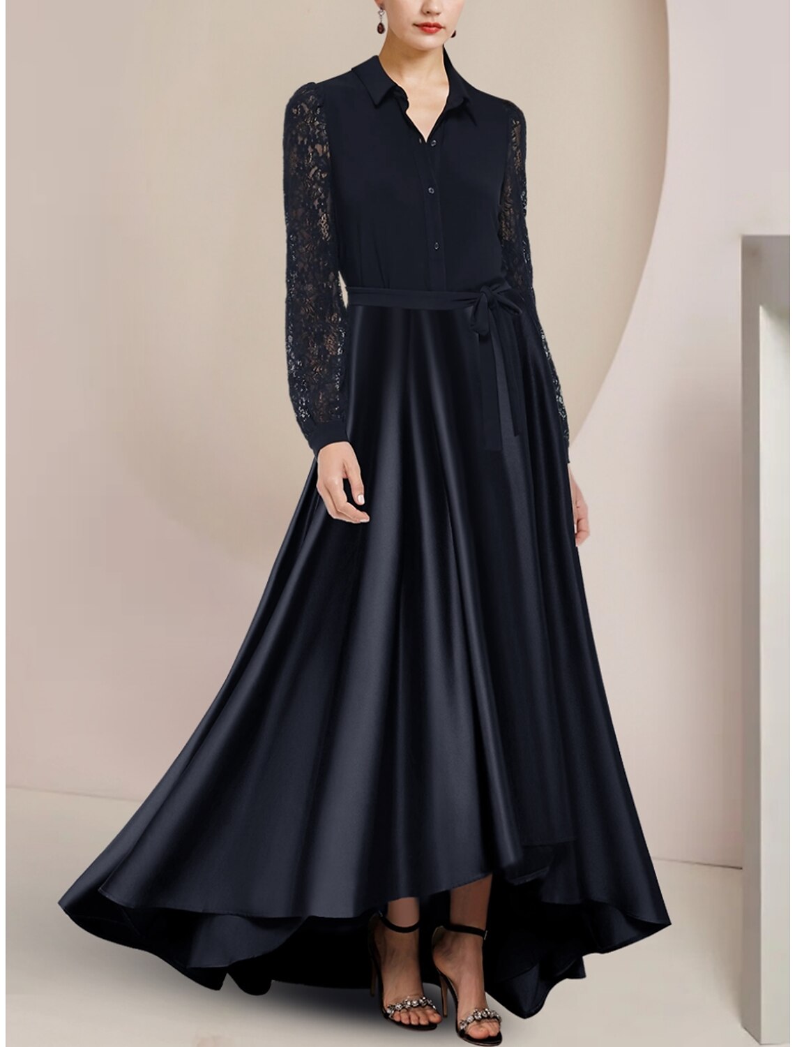 A-Line Satin Long Sleeve Asymmetric Floor-Length Wedding Dress - Chloe Dress