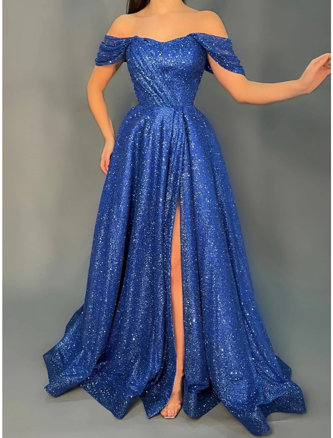 A-Line Off-Shoulder Short Sleeve High Slit Mini Evening Gown - Chloe Dress