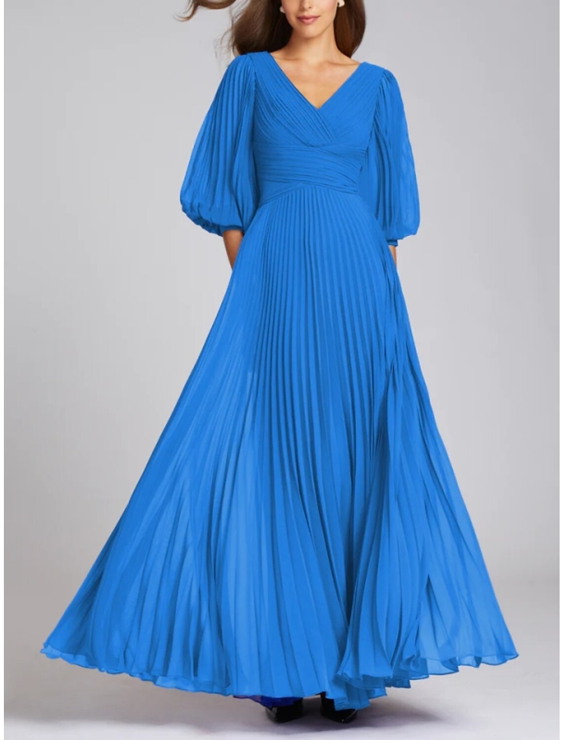 A-Line V-Neck Chiffon Pleated Floor-Length Evening Gown - Chloe Dress