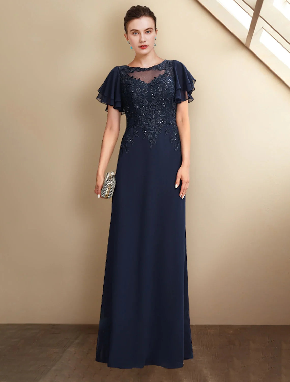 A-Line Chiffon Short Sleeve Applique Floor-Length Dress - Chloe Dress