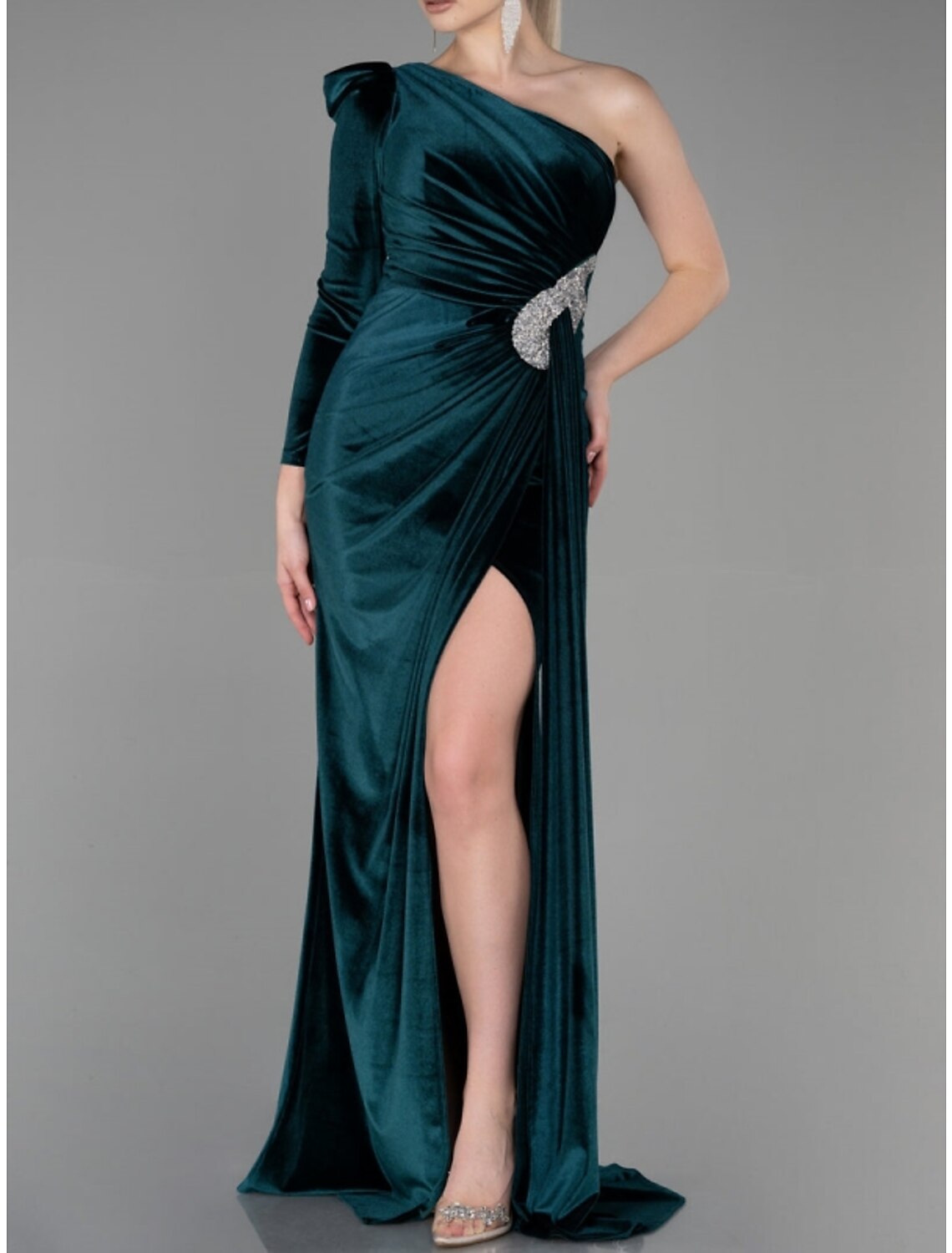 A-Line One-Shoulder Velvet Long Sleeve Pleated Evening Gown - Chloe Dress