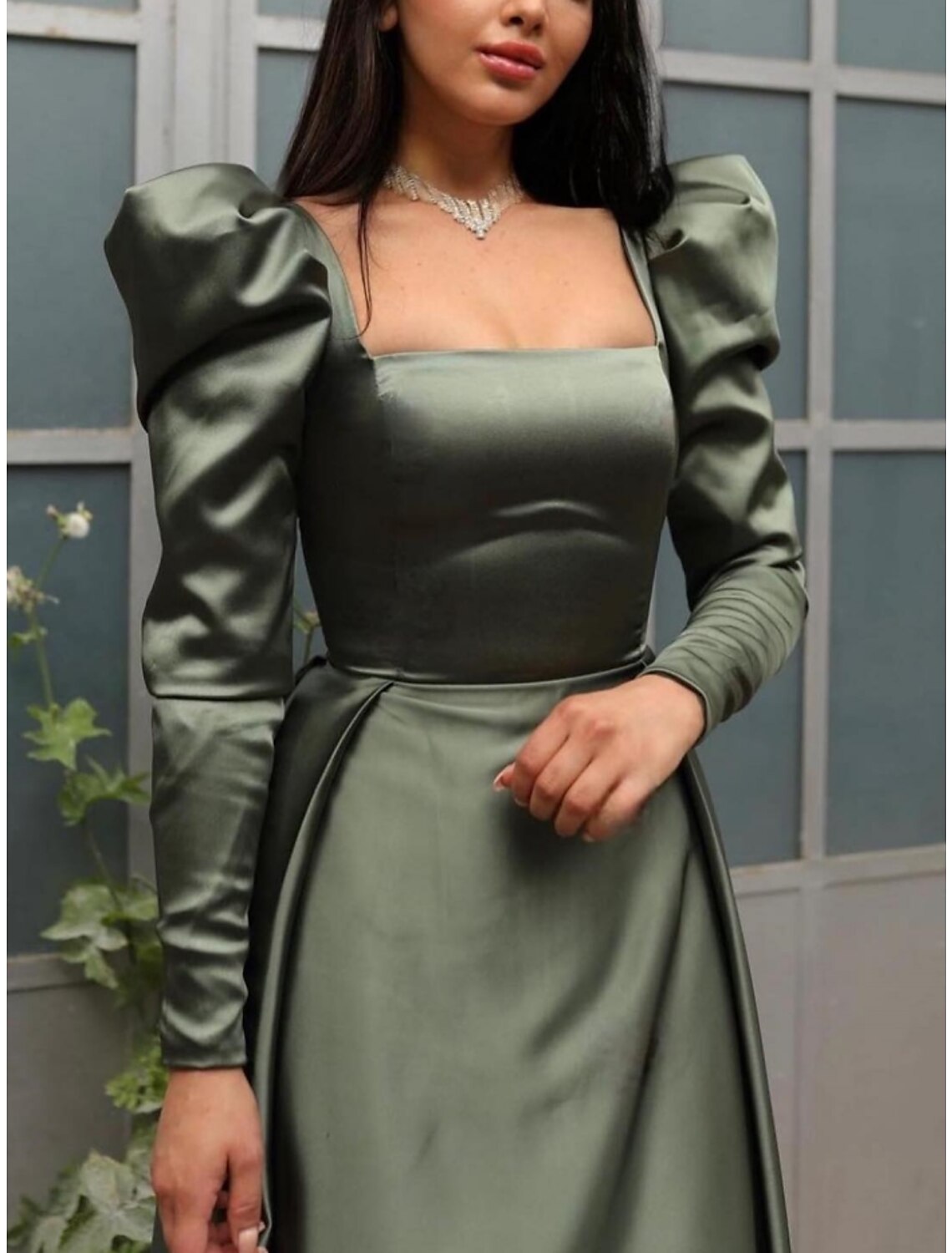 Green A-Line Square Neck Satin Long Sleeve Pleated Evening Gown - Chloe Dress