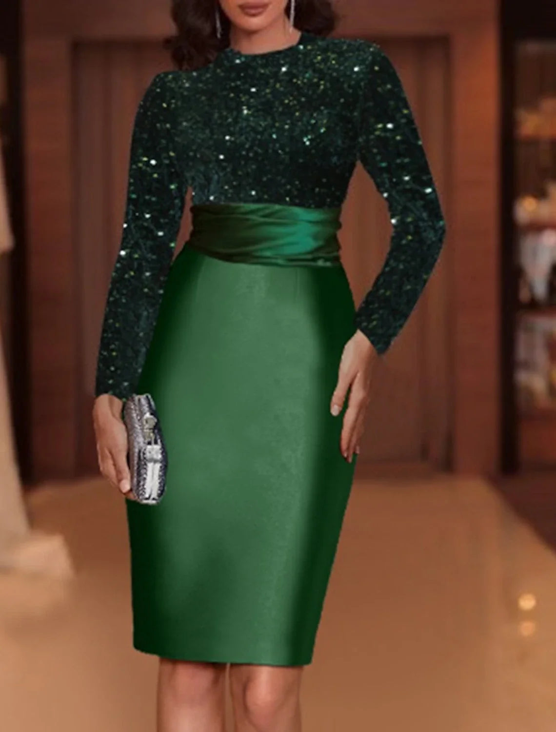 Green Sheath High Neck Satin Long Sleeve Knee-Length Evening Gown - Chloe Dress