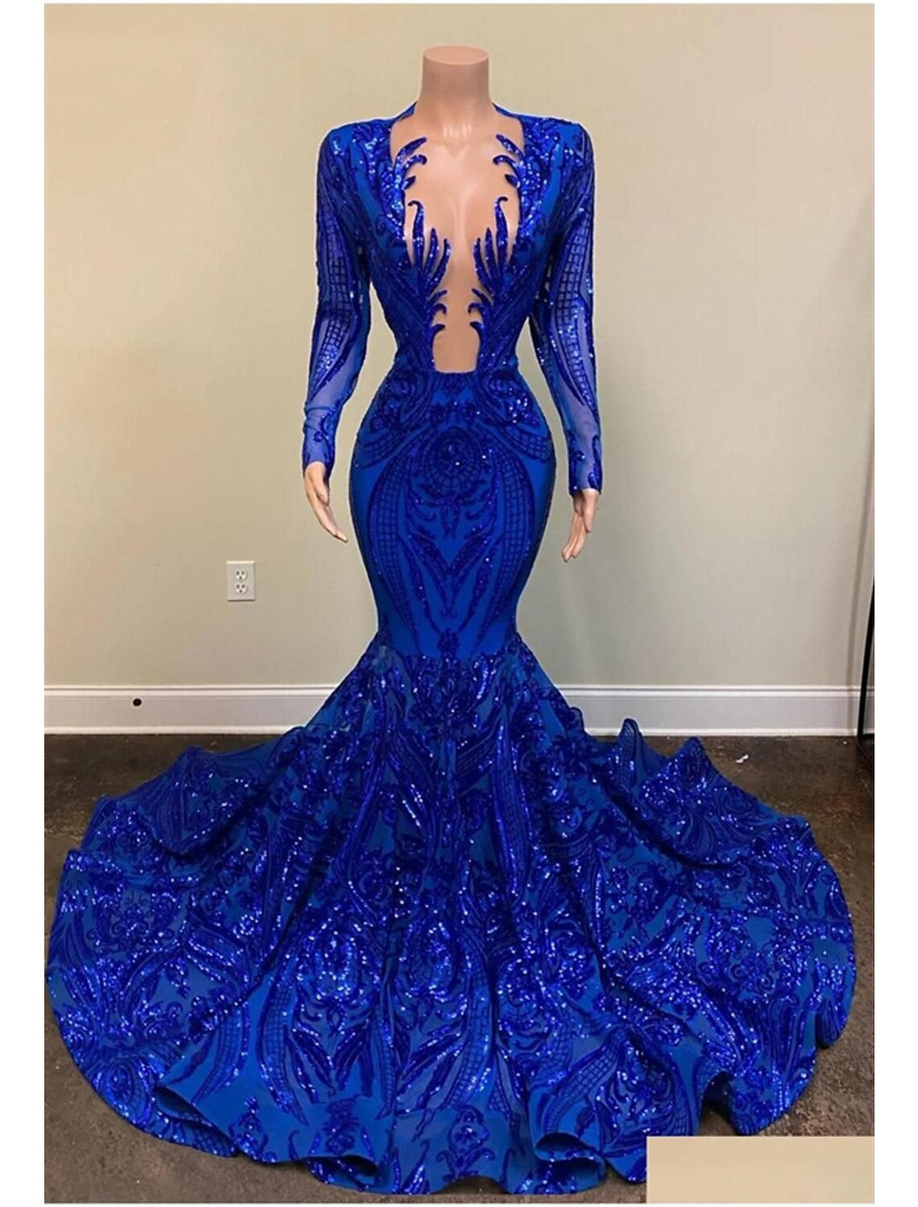 Mermaid V-Neck Sequin Long Sleeve Train Evening Gown - Chloe Dress
