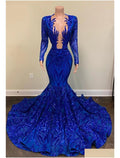 Mermaid V-Neck Sequin Long Sleeve Train Evening Gown - Chloe Dress