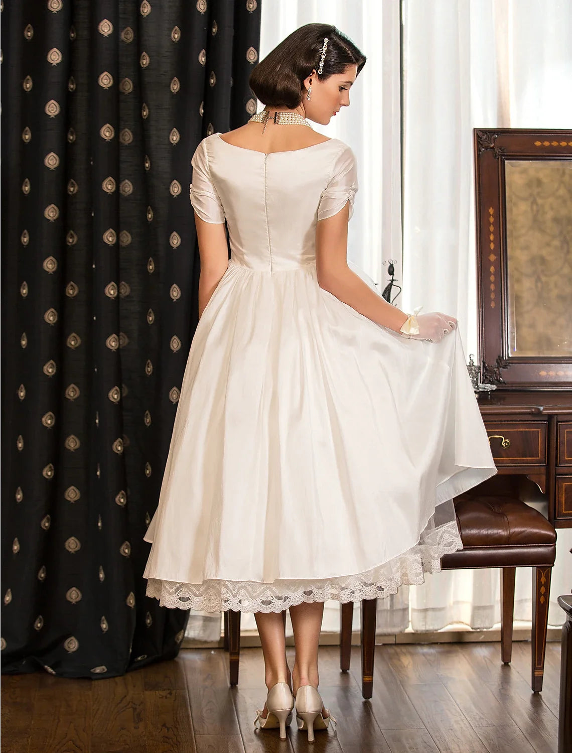 White A-Line V-Neck Satin Short Sleeve Mini Wedding Gown - Chloe Dress