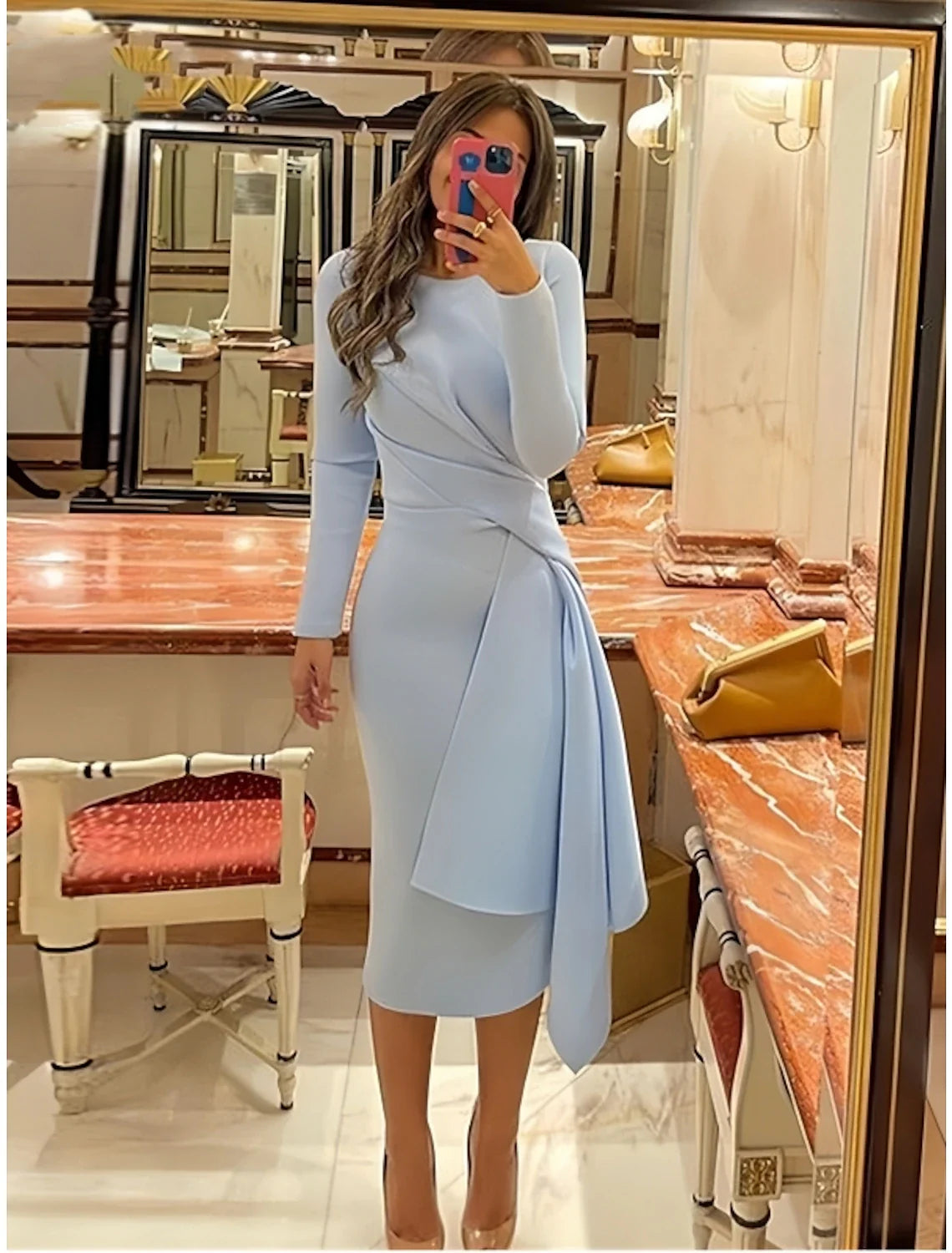 Sheath Long Sleeve Pleated Knee-Length Cocktail Dress - Chloe Dress