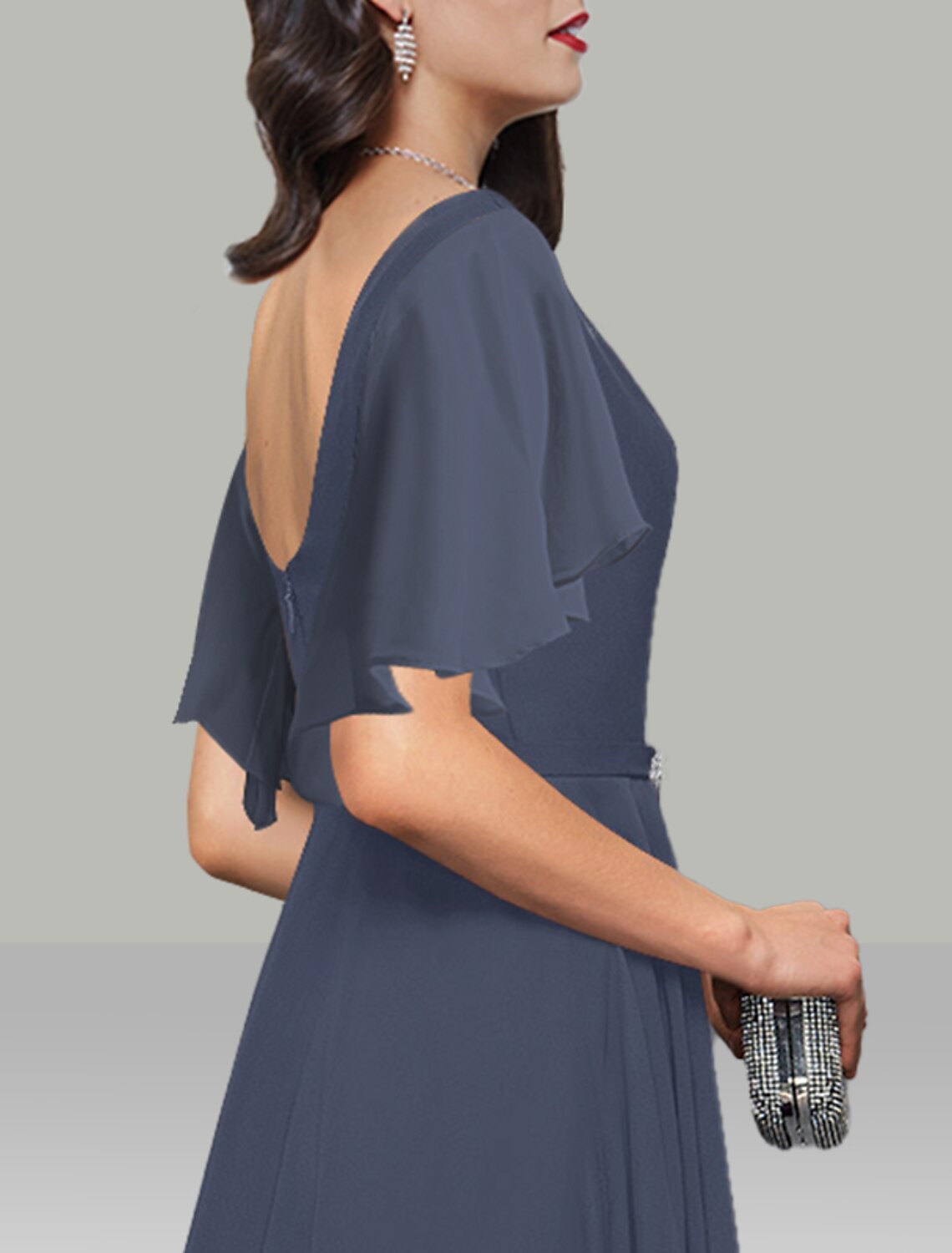 A-Line Cowl Neck Chiffon Short Sleeve Rhinestone Mini Wedding Dress - Chloe Dress