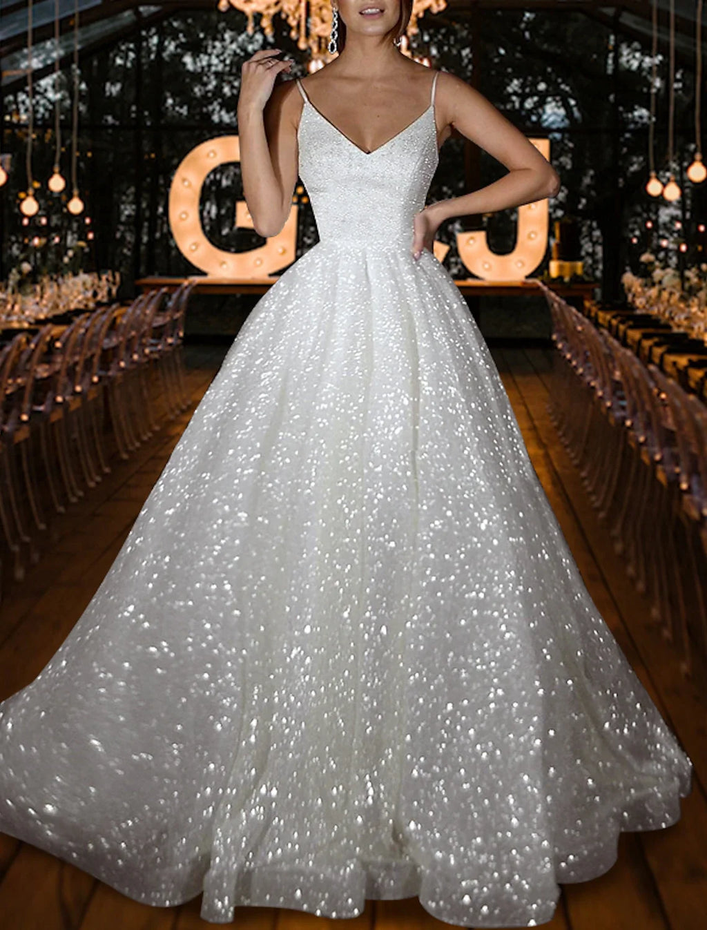 A-Line V-Neck Sequin Train Wedding Gown - Chloe Dress
