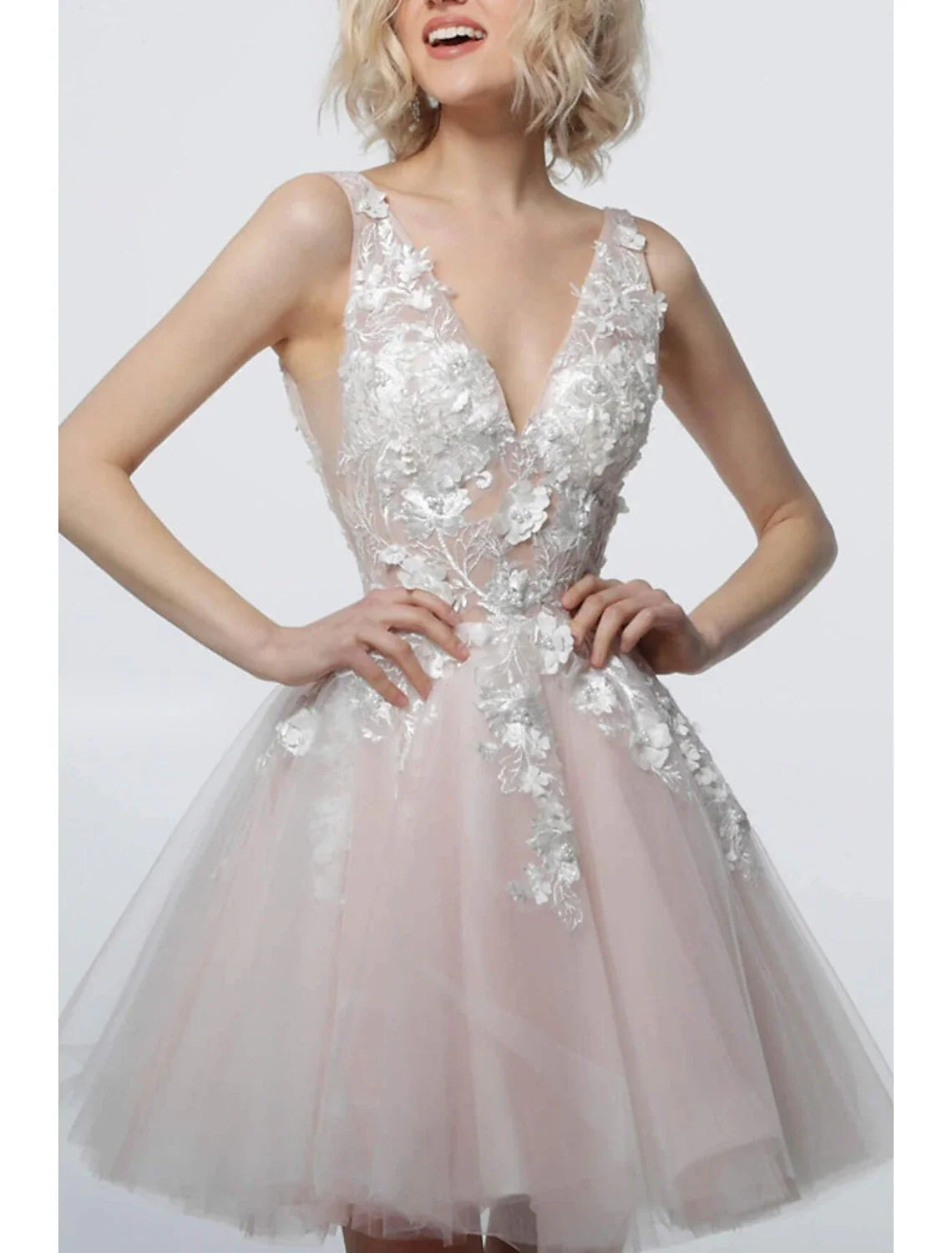 A-Line V-Neck Tulle Sleeveless Applique Mini Cocktail Dress - Chloe Dress