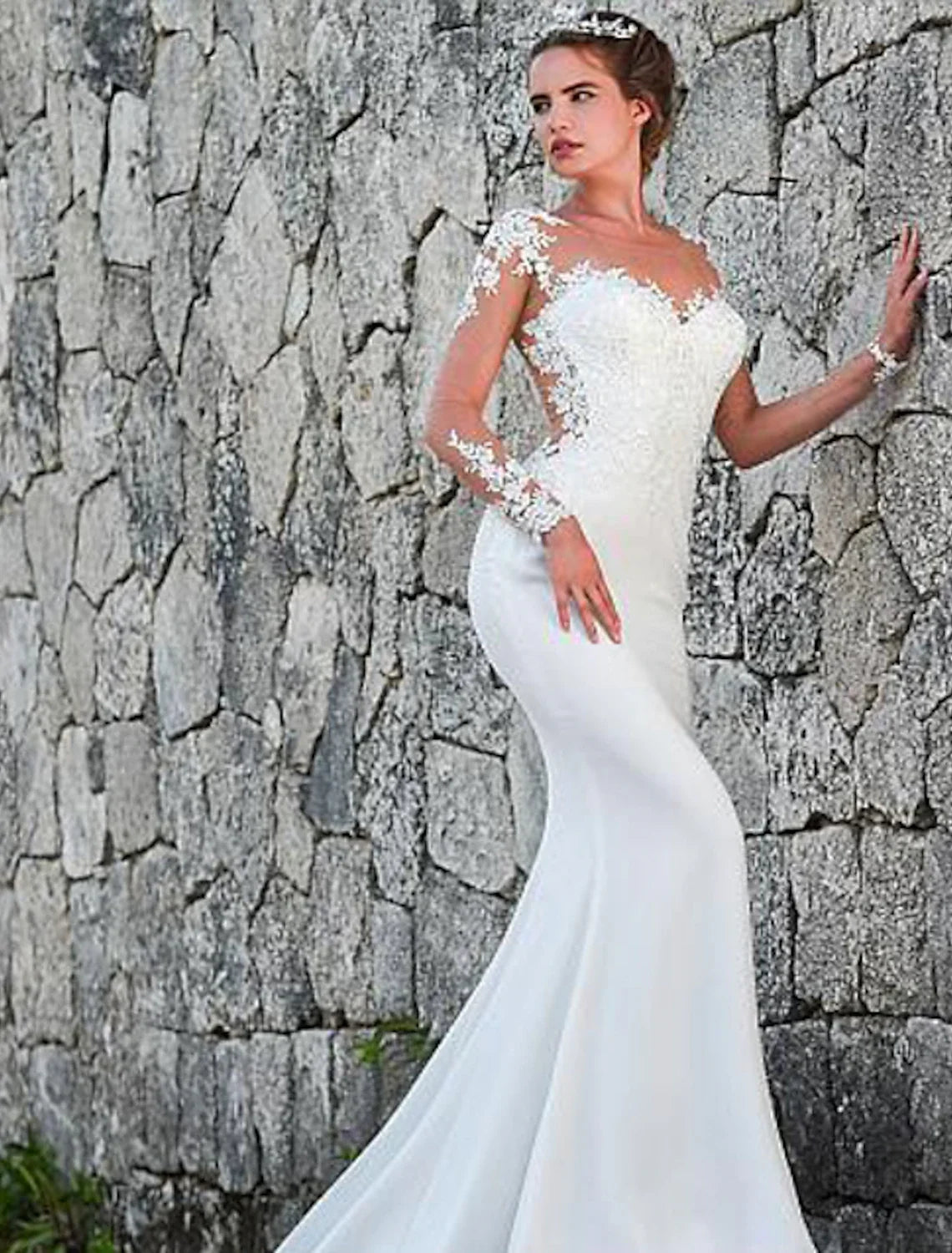 Mermaid Illusion Lace Long Sleeve Open Back Train Wedding Gown - Chloe Dress