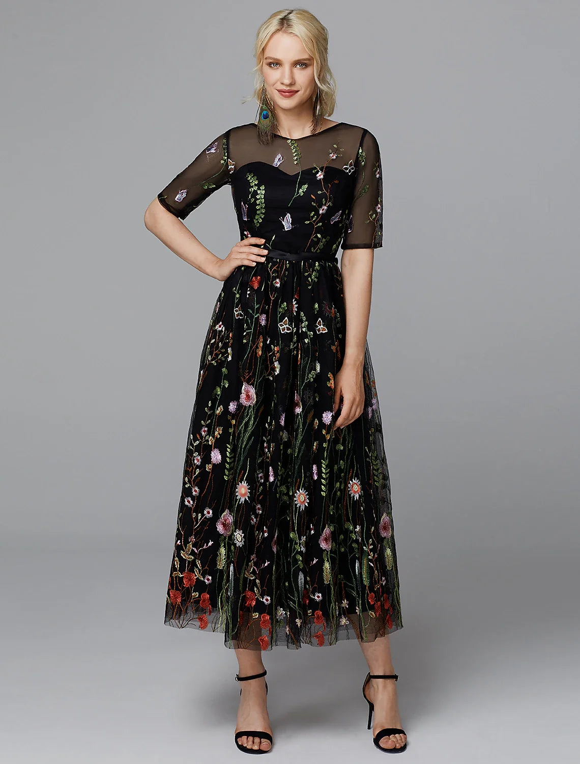 A-Line Illusion Lace Applique Tea-Length Wedding Dress - Chloe Dress