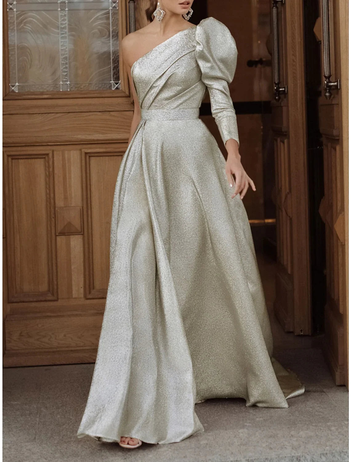 A-Line One-Shoulder Sequin Long Sleeve Pleated Floor-Length Evening Gown - Chloe Dress
