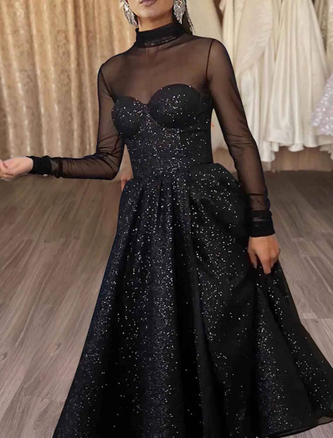 A-Line High Neck Tulle Long Sleeve High Slit Tea-Length Wedding Dress - Chloe Dress