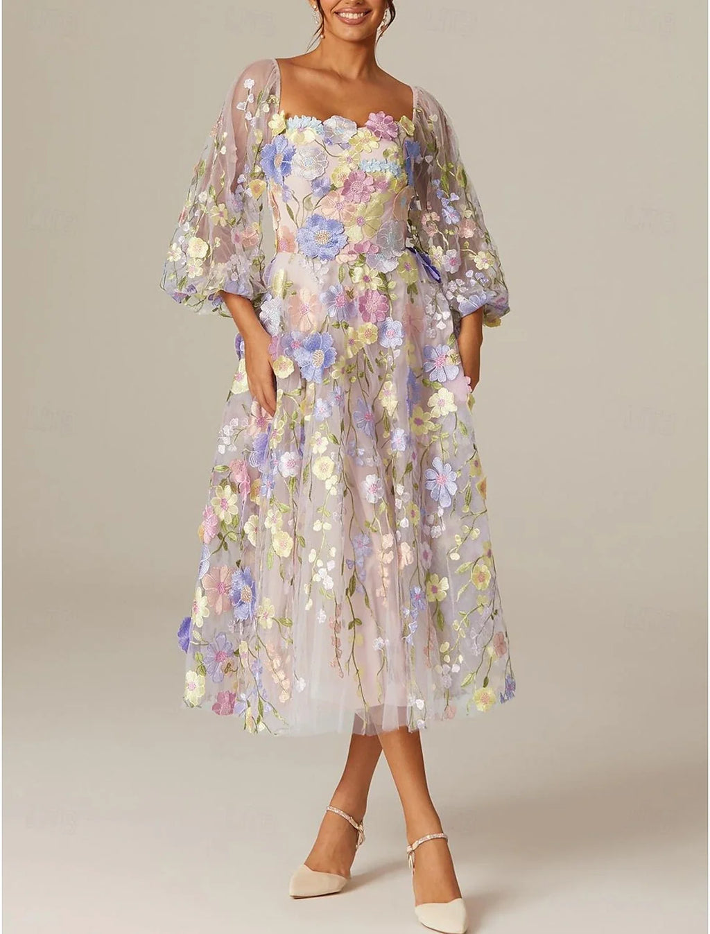 A-Line Square Neck Tulle Long Sleeve Applique Tea-Length Prom Dress - Chloe Dress
