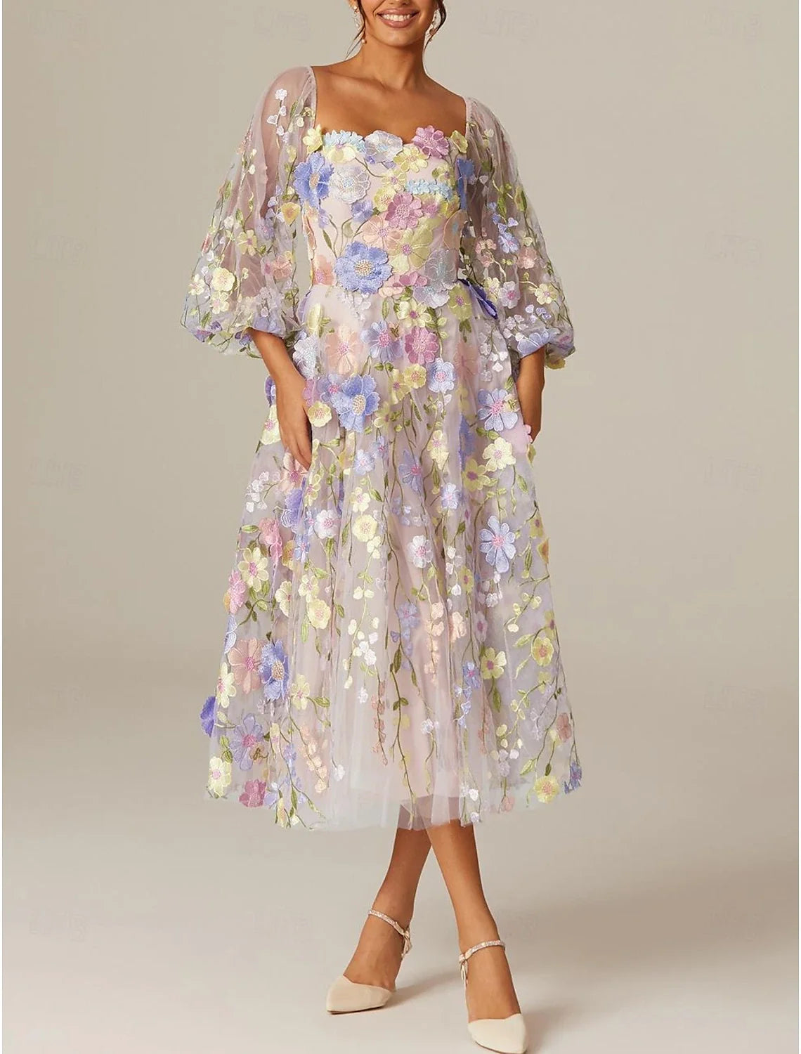 A-Line Square Neck Tulle Long Sleeve Applique Tea-Length Prom Dress - Chloe Dress
