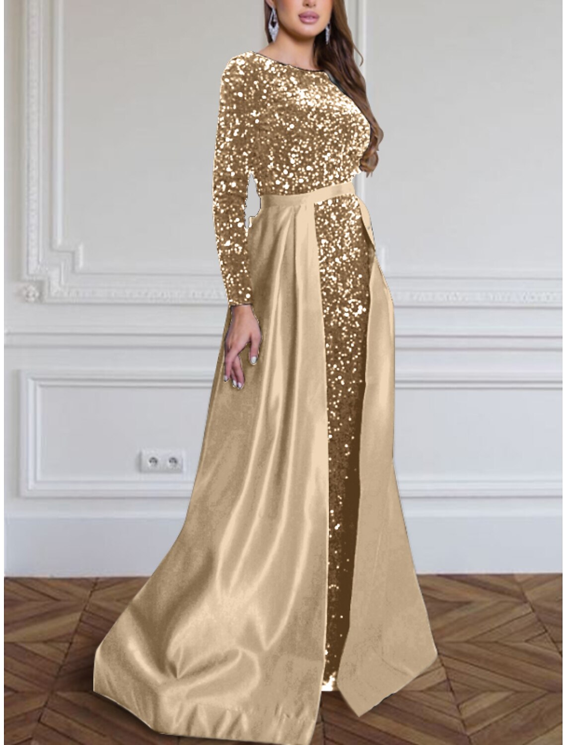 Black A-Line Sequin Long Sleeve Pleated Evening Gown - Chloe Dress