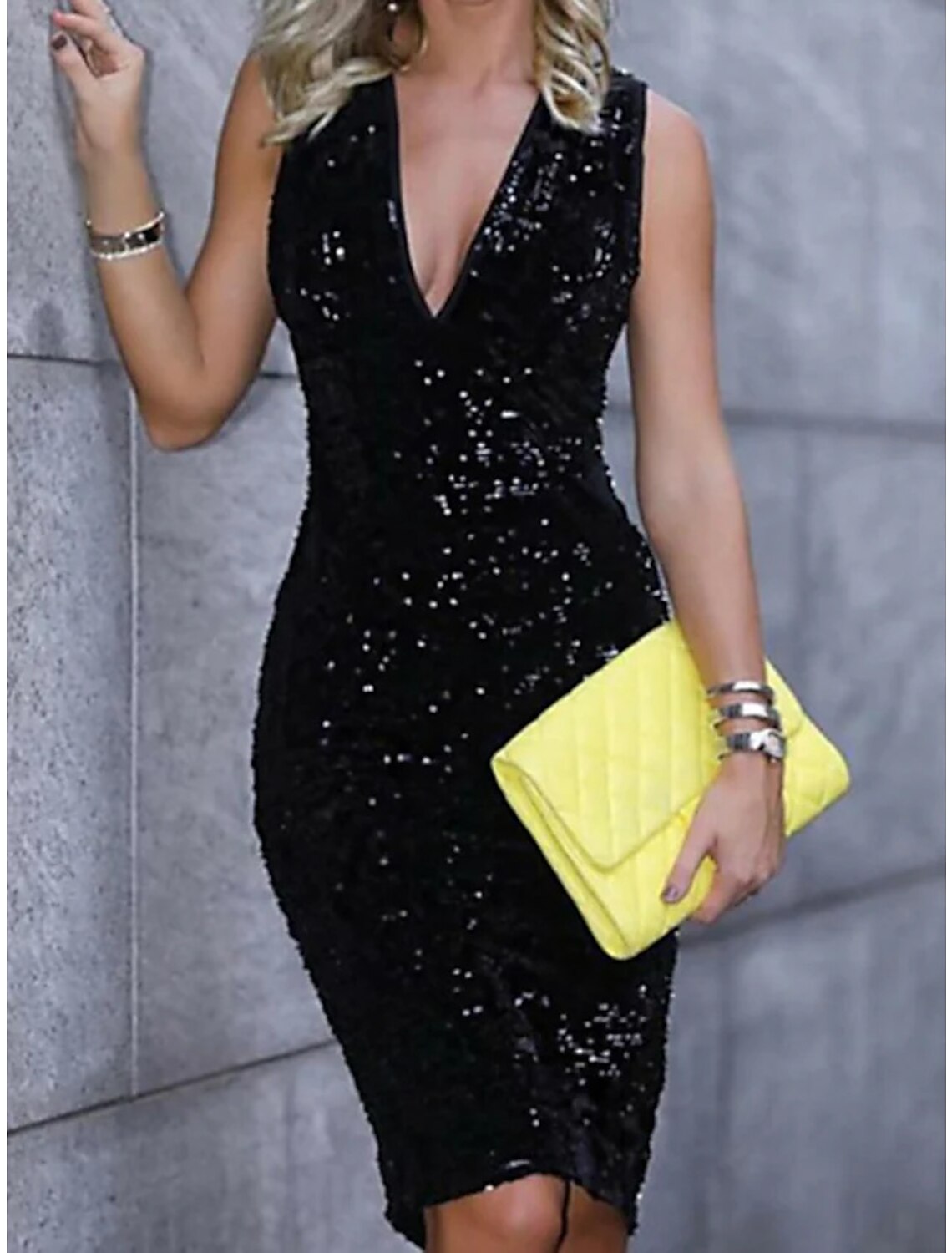 Sheath V-Neck Sequin Sleeveless Knee-Length Wedding Dress - Chloe Dress