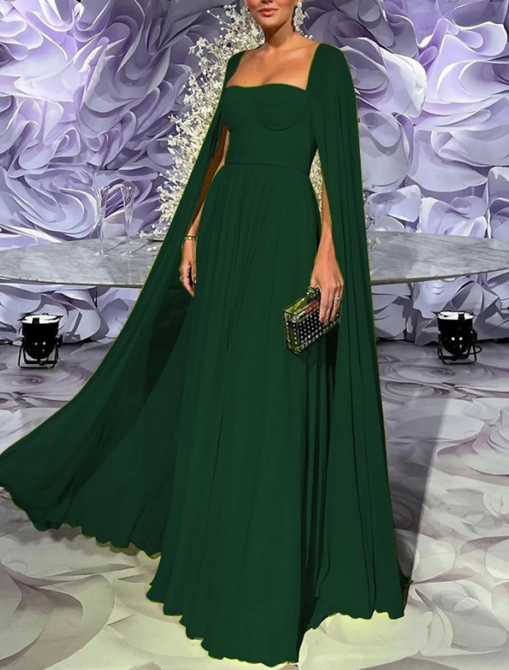 Green A-Line Square Neck Chiffon Long Sleeve Pleated Floor-Length Evening Gown - Chloe Dress